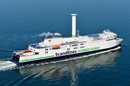 Mit allen Mitteln Energie einsparen: Diesel/Elektro-Hybrid und Flettner-Rotorsegel © scandlines