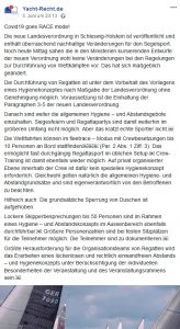 Mit diesem Facebook-Post macht die Kanzlei Brink&Partner auf die Möglichkeit, wieder Regatten in SH zu segeln, aufmerksam. Foto: Screenshot Facebook