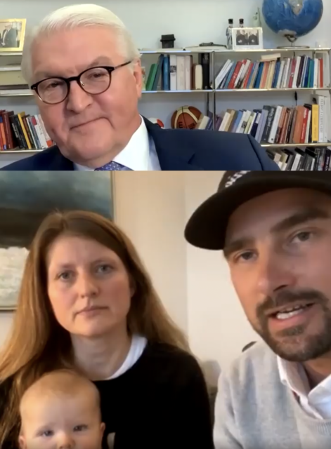 Herrmann mit Ehefrau Birte und Baby im Gespräch mit Steinmeier