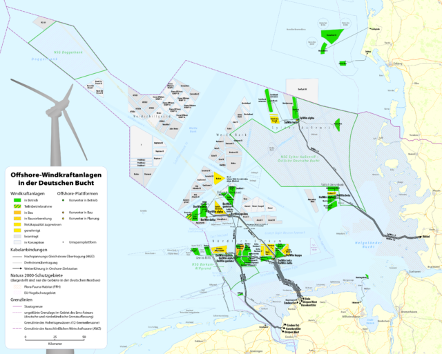 Die Lage der Offshore-Windparks in der Nordsee (Stand 2020). Bild: Maximilian Dörrbecker/CC