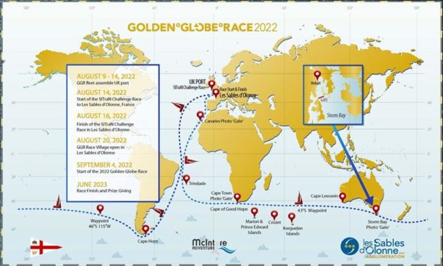 Die Route des nächsten Golden Globe Race: Rundum auf Booten, deren Riss nicht jünger als Jg. 1987 sein darf! © ggr
