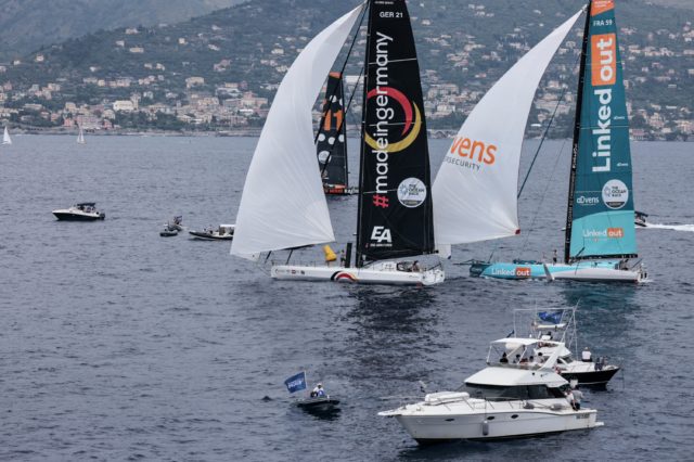 Der finale Zieldurchgang, der das OTG zum Gesamtsieger des Ocean Race macht. Foto: sailing energy / The Ocean Race