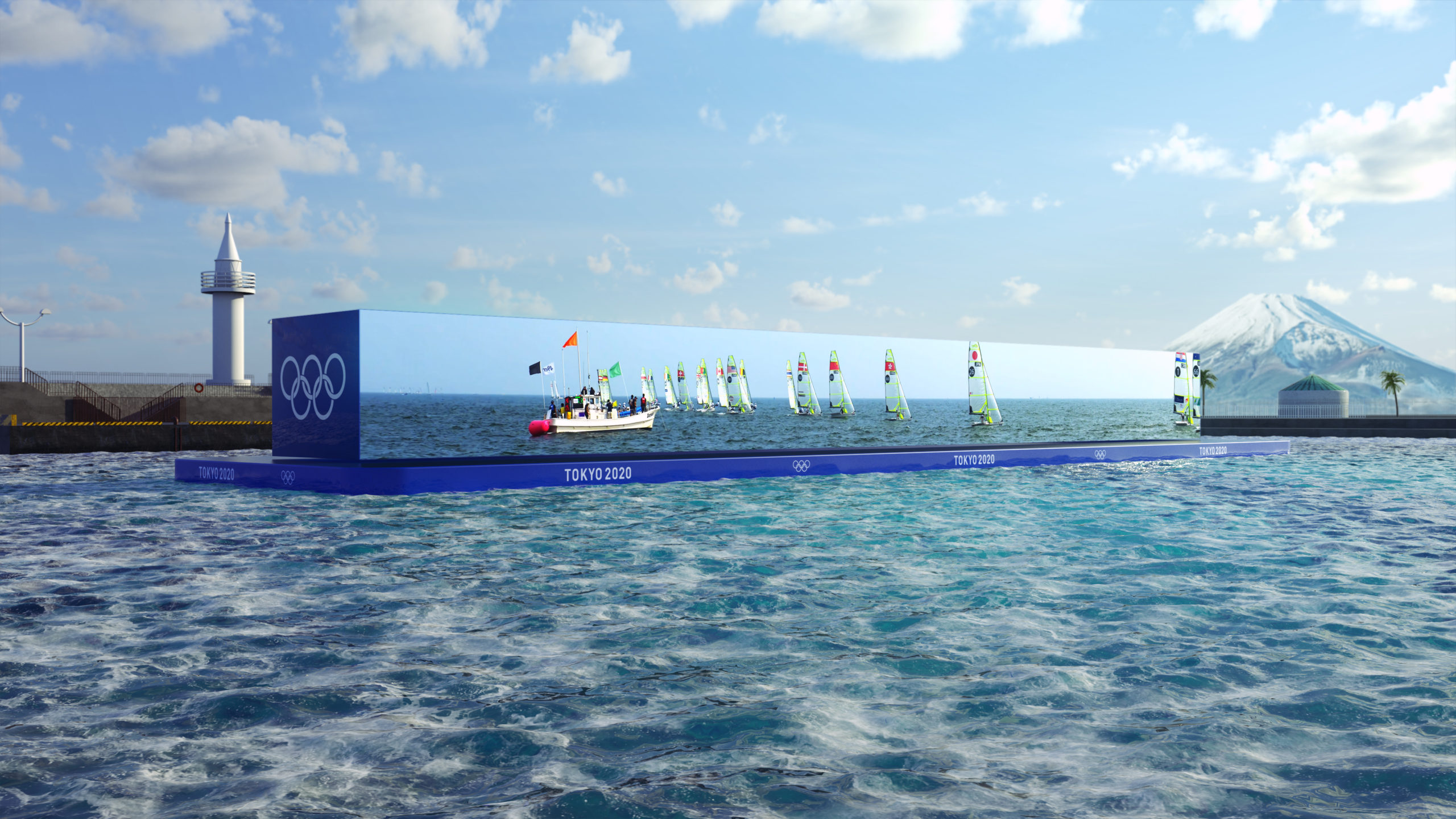 Die Gastgeber der olympischen Segelwettbewerbe wollen dem ausgesuchten Publikum an Land mit neustes Übertragungstechnologie die Wettfahrten über diesen 50 Meter breiten Screen auf einem Schwimmponton näherbringen. Foto: Tokyo 2020